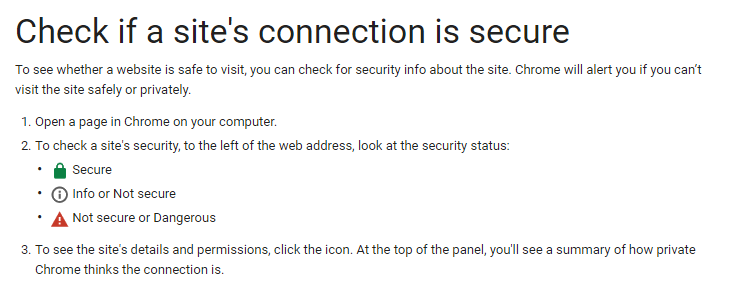 Checking if the site connection is secure. Check website. Info or not secure. Example ofnot secure sites.