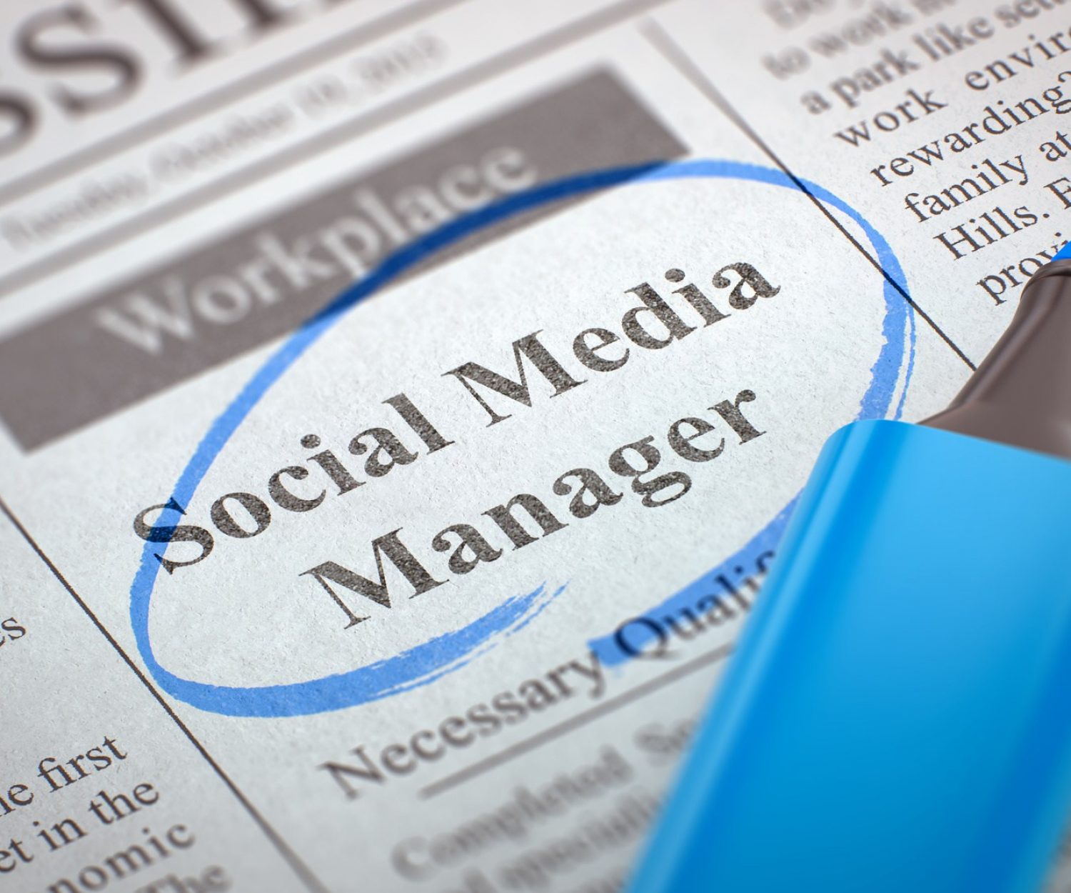 Newspaper with Job Vacancy Social Media Manager. Blurred Image. Selective focus. Job Seeking Concept. 3D Render.